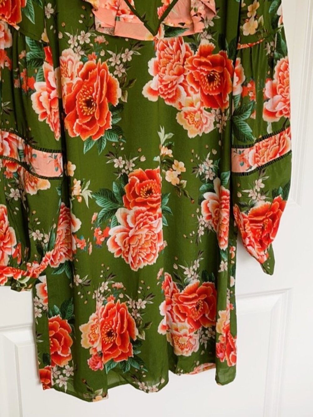 Anthropologie FARM RIO Elinor Floral Green & Peach Ruffle Colorful Tunic Dress - Picture 12 of 12